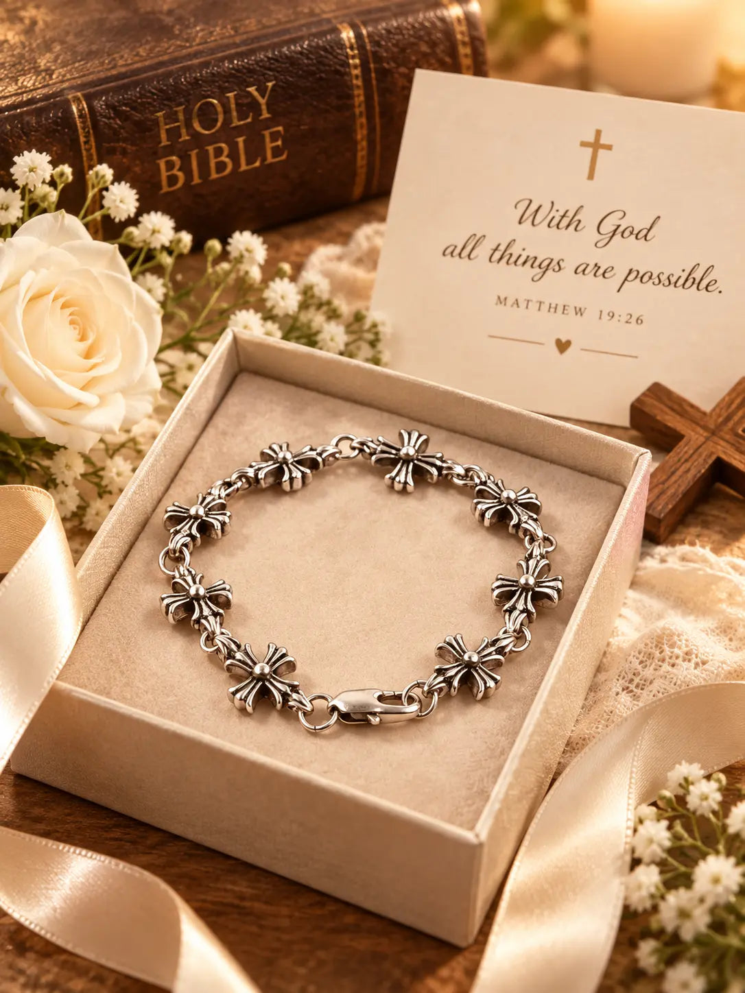 Gothic Retro Silver Cross Chain Bracelet displayed as a meaningful Christian faith gift with Bible, flowers, and inspirational styling.