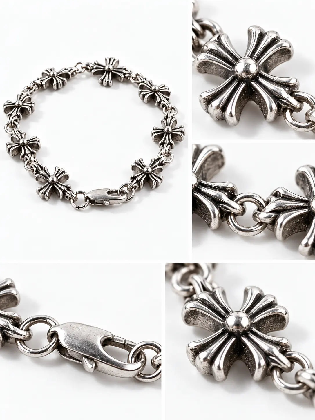 Close-up details of the Gothic Retro Silver Cross Chain Bracelet showing antique silver cross links, chain connections, clasp, and handcrafted metal texture.