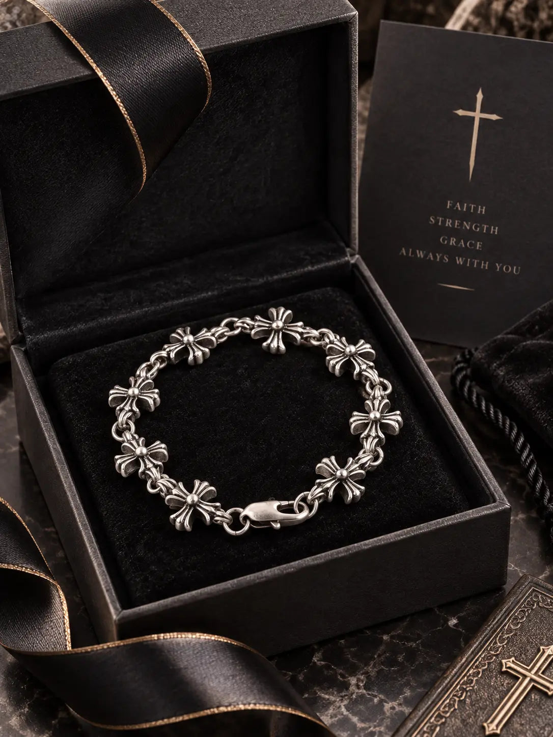 Gothic Retro Silver Cross Chain Bracelet presented in a premium jewelry gift box with elegant Christian packaging.