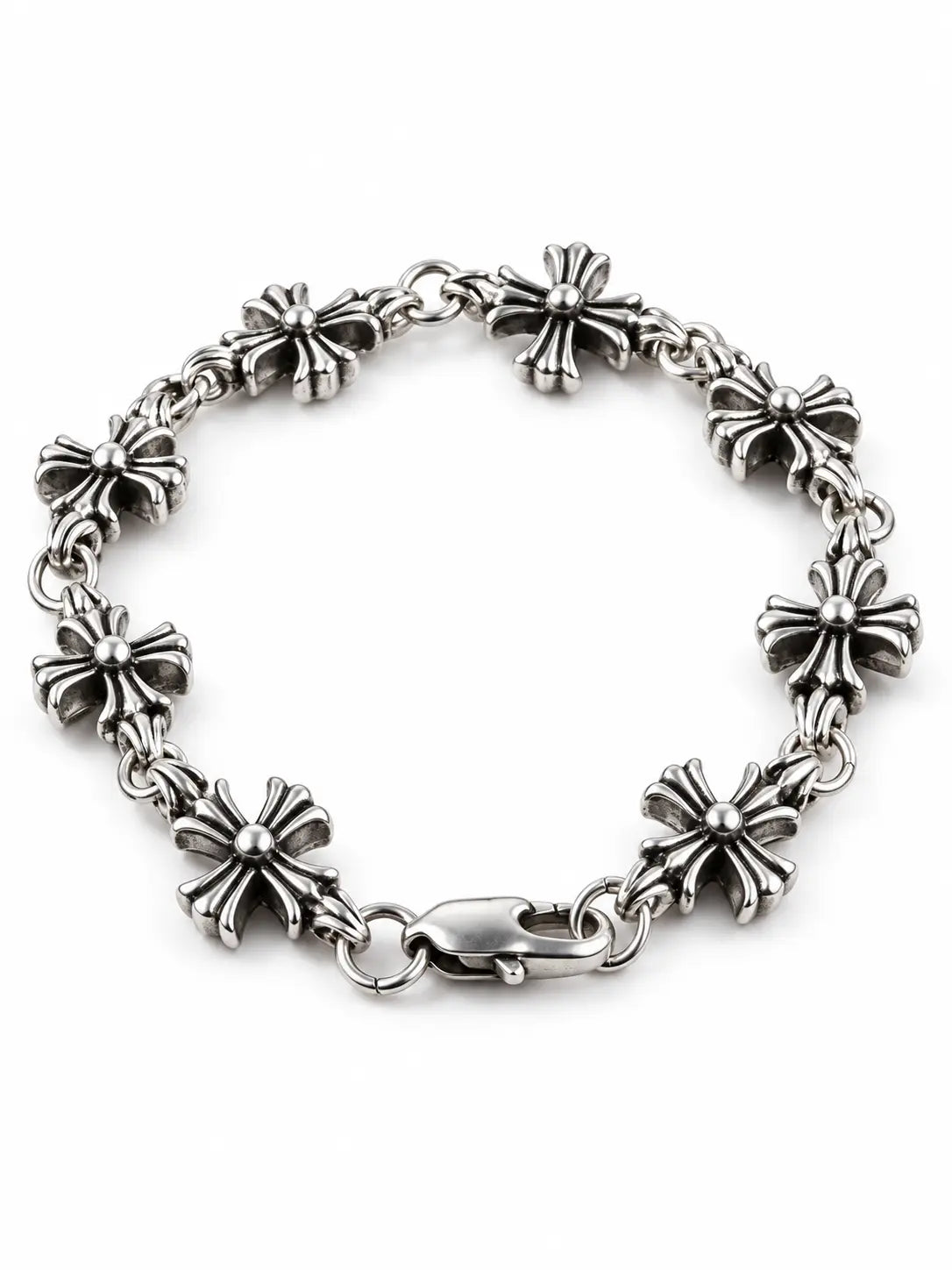 Gothic Retro Silver Cross Chain Bracelet on a white background, featuring antique silver floral cross links and a vintage Christian jewelry design.