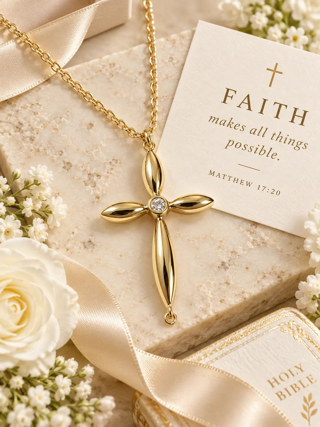 Marquise Gold Cross Necklace displayed as a Christian faith gift with flowers, satin ribbon, and an inspirational scripture card.