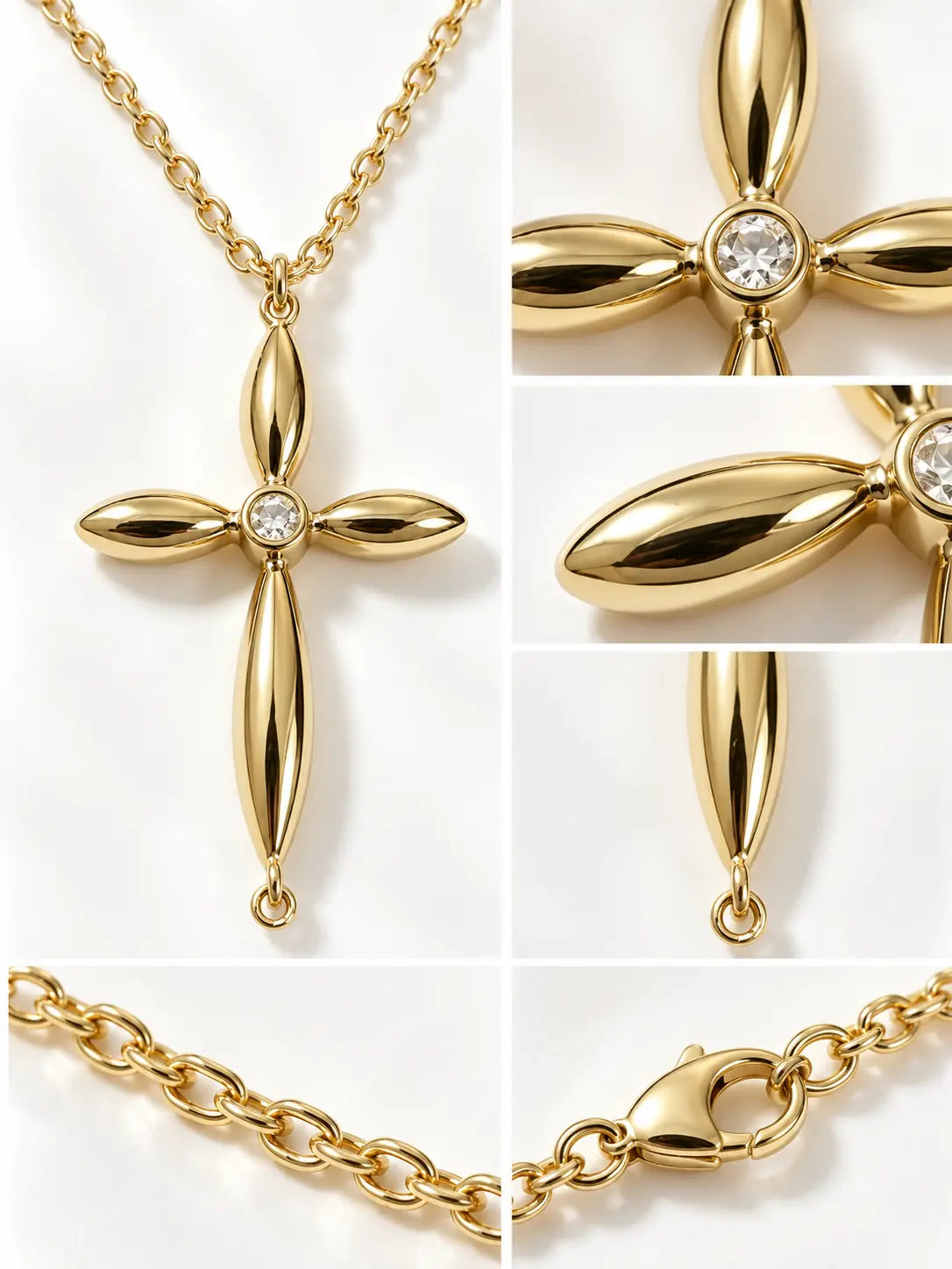 Close-up detail collage of the Marquise Gold Cross Necklace, showing the polished cross pendant, center stone, chain links, and clasp craftsmanship.