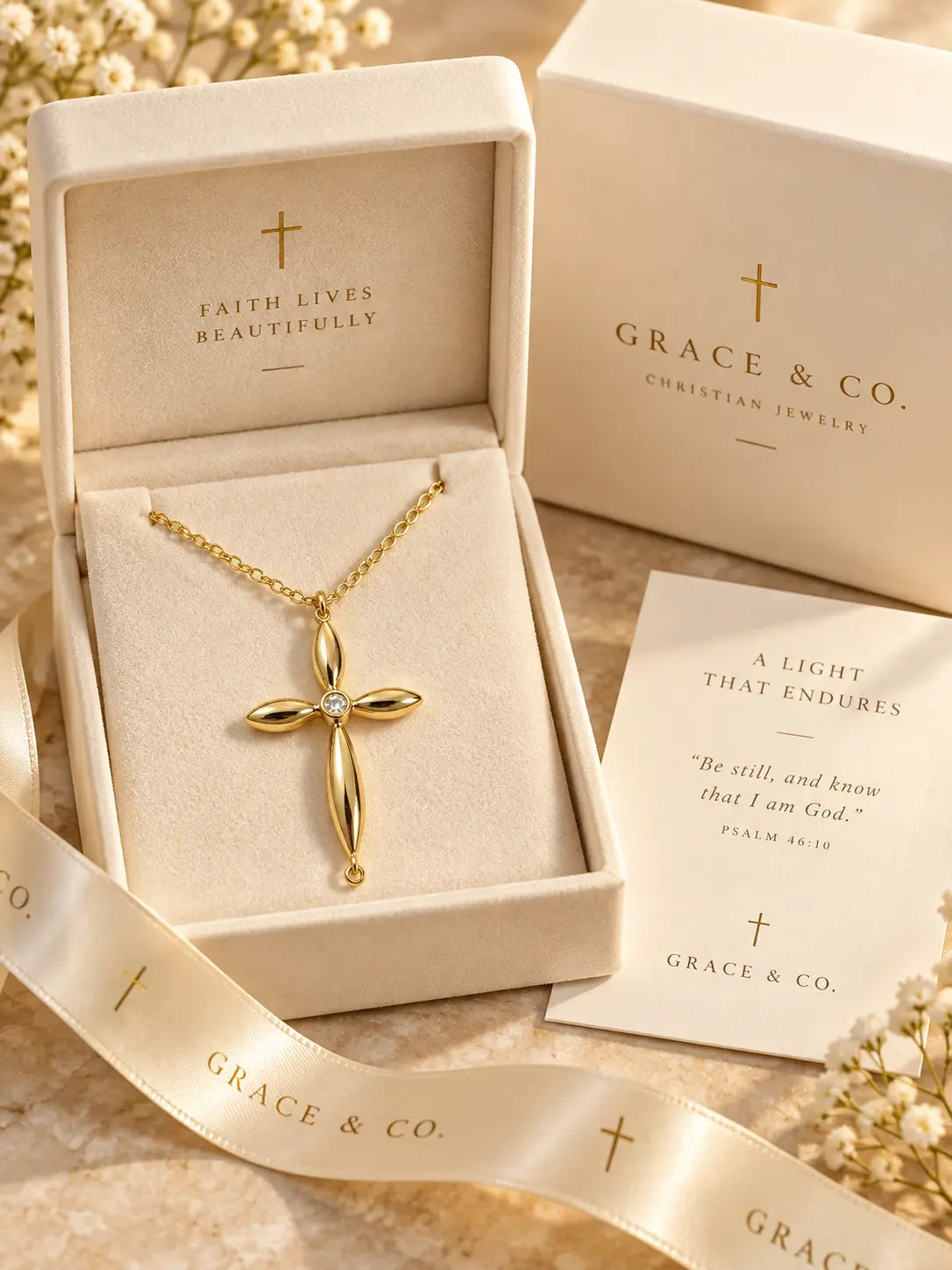 Marquise Gold Cross Necklace presented in an elegant gift box with premium Christian jewelry packaging.