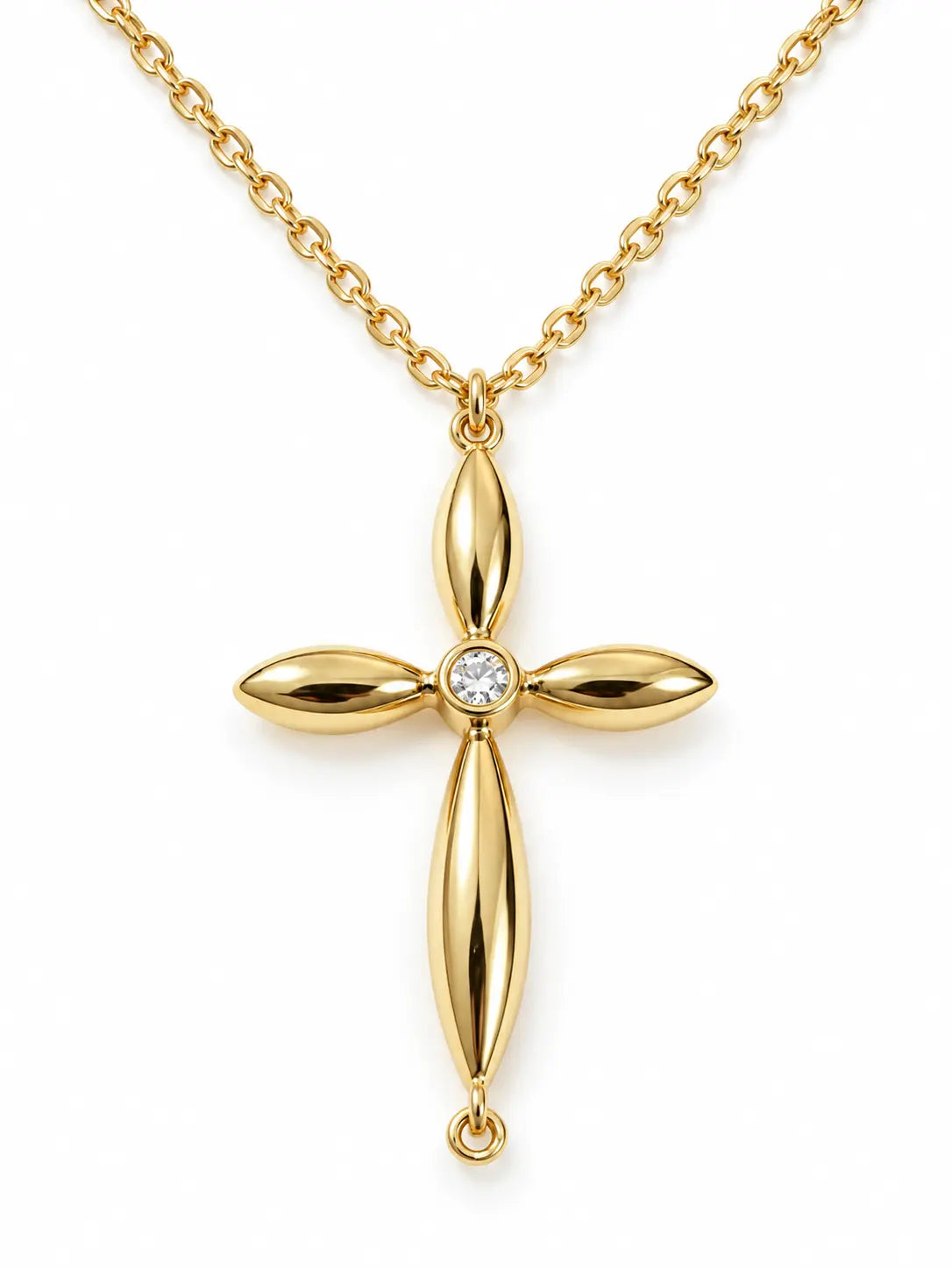 Marquise Gold Cross Necklace on a white background, featuring a polished gold cross pendant with a round crystal center stone.