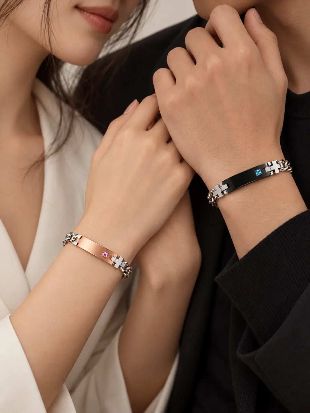 Personalized Cross Couple Bracelets — Engravable Christian Gift