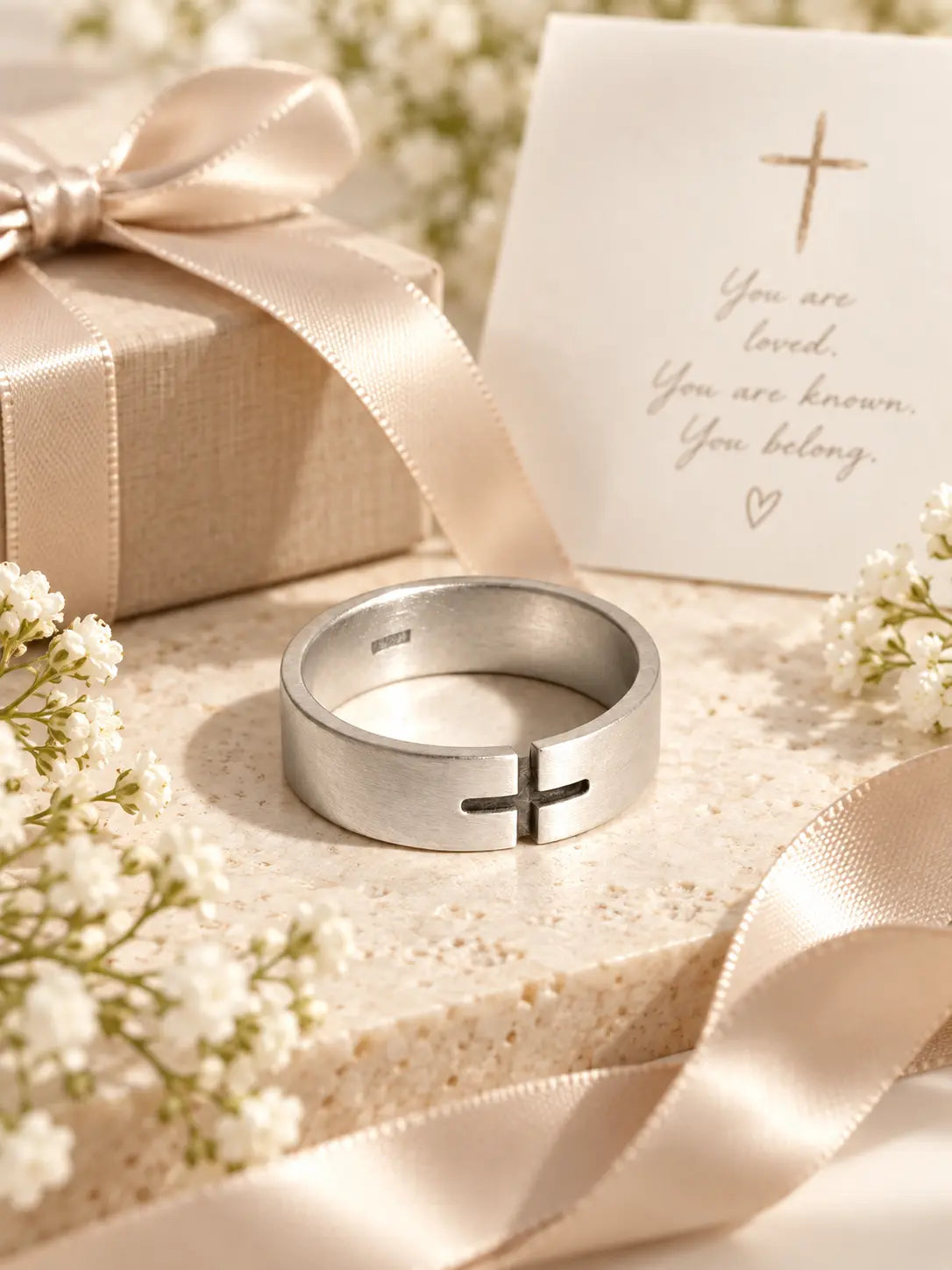 Minimalist Cross Ring displayed as a Christian faith gift with ribbon, flowers, and a faith-inspired message card.