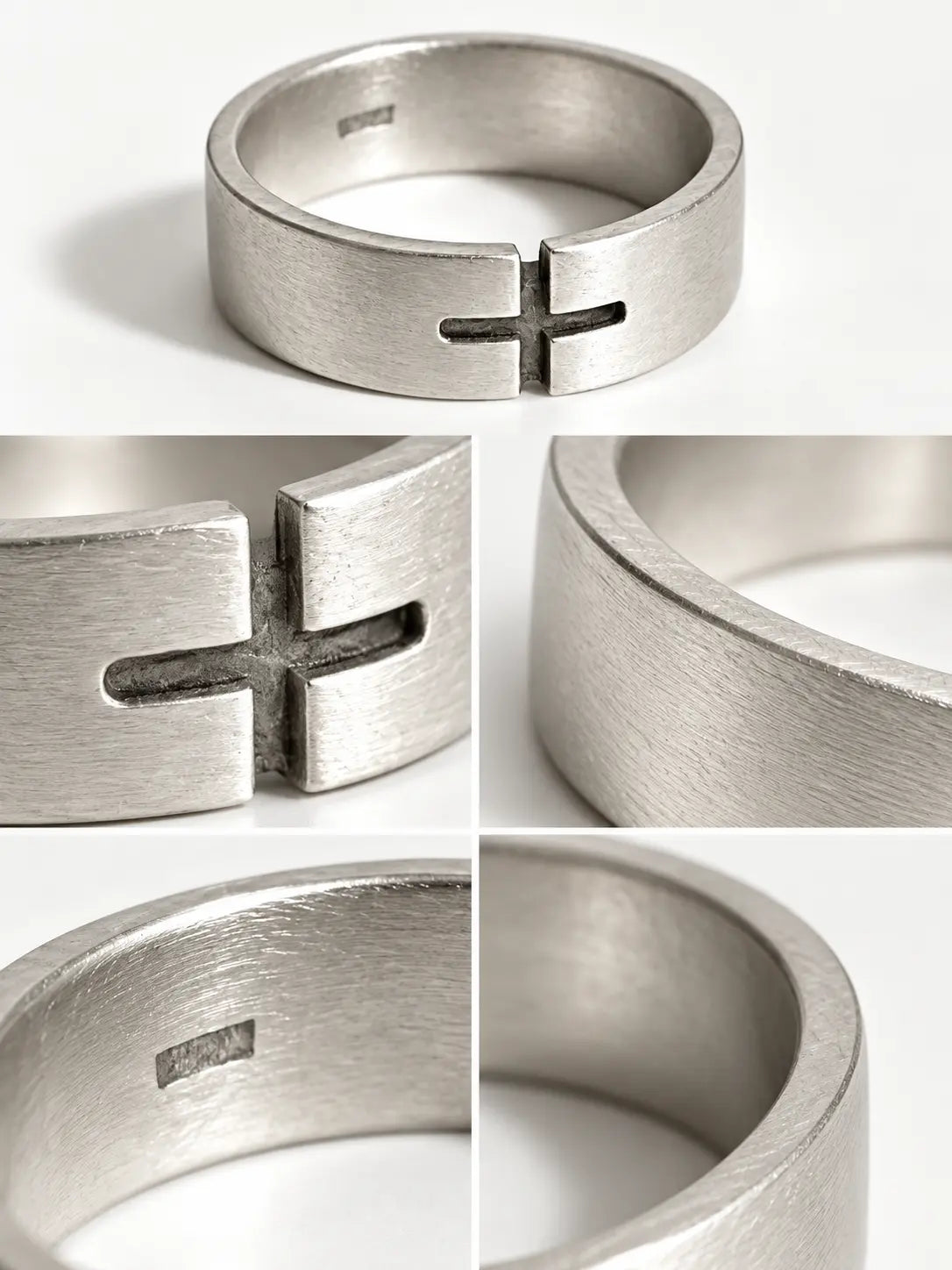 Close-up craftsmanship details of the Minimalist Cross Ring, showing the brushed texture and cutout cross design.