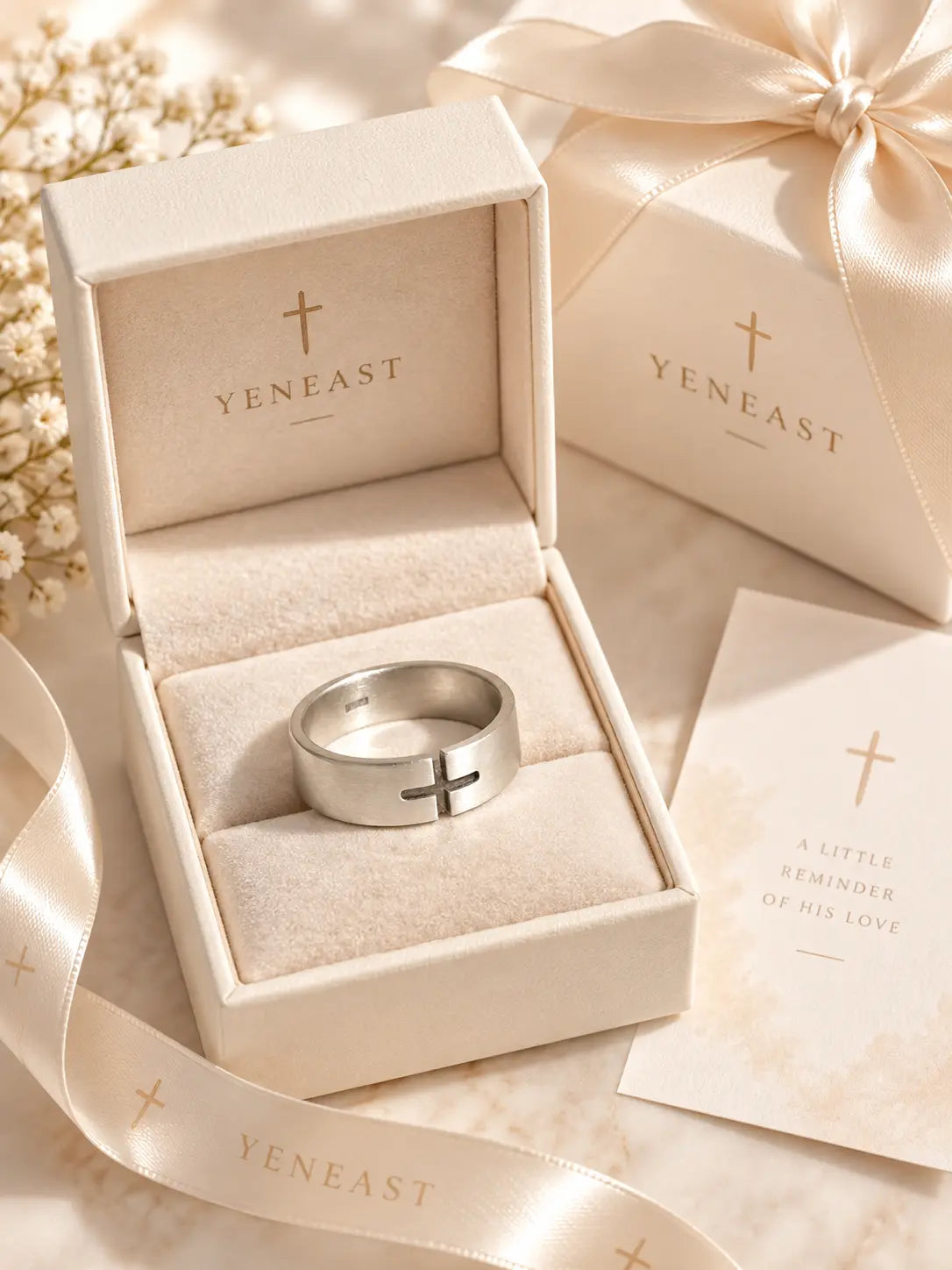 Minimalist Cross Ring presented in a YENEAST gift box with elegant Christian jewelry packaging.