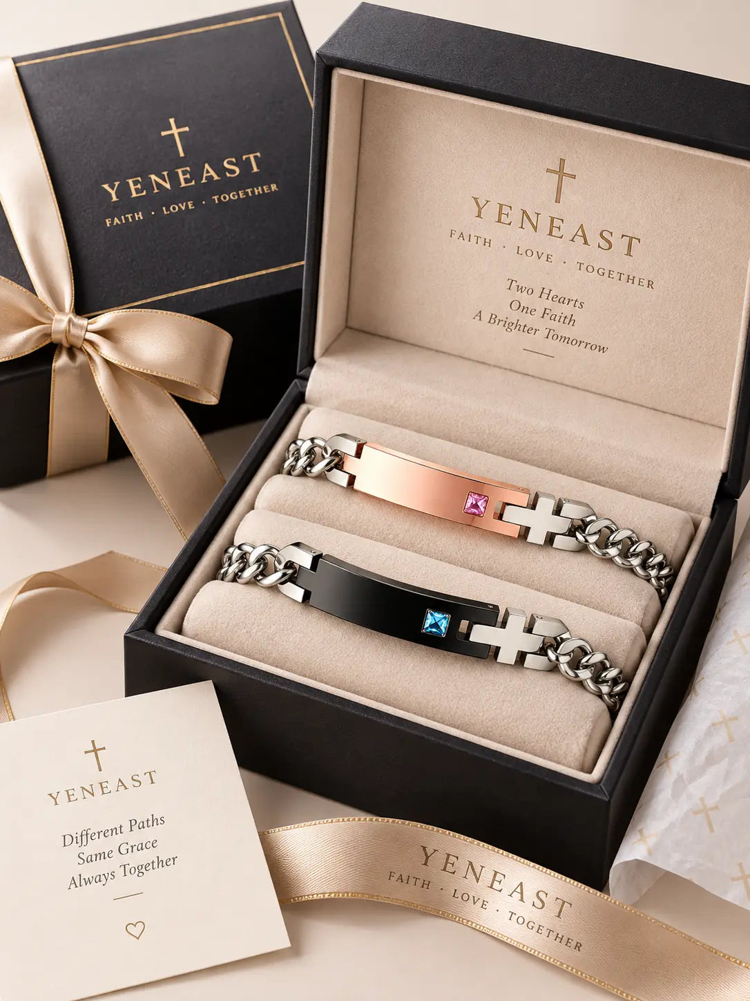 Personalized Cross Couple Bracelets — Engravable Christian Gift