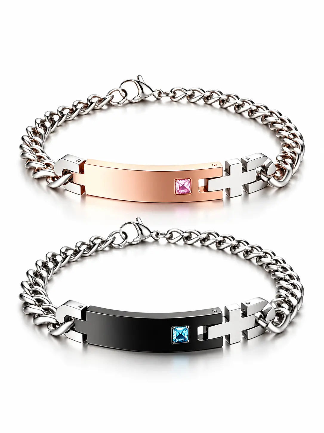 Personalized Cross Couple Bracelets — Engravable Christian Gift