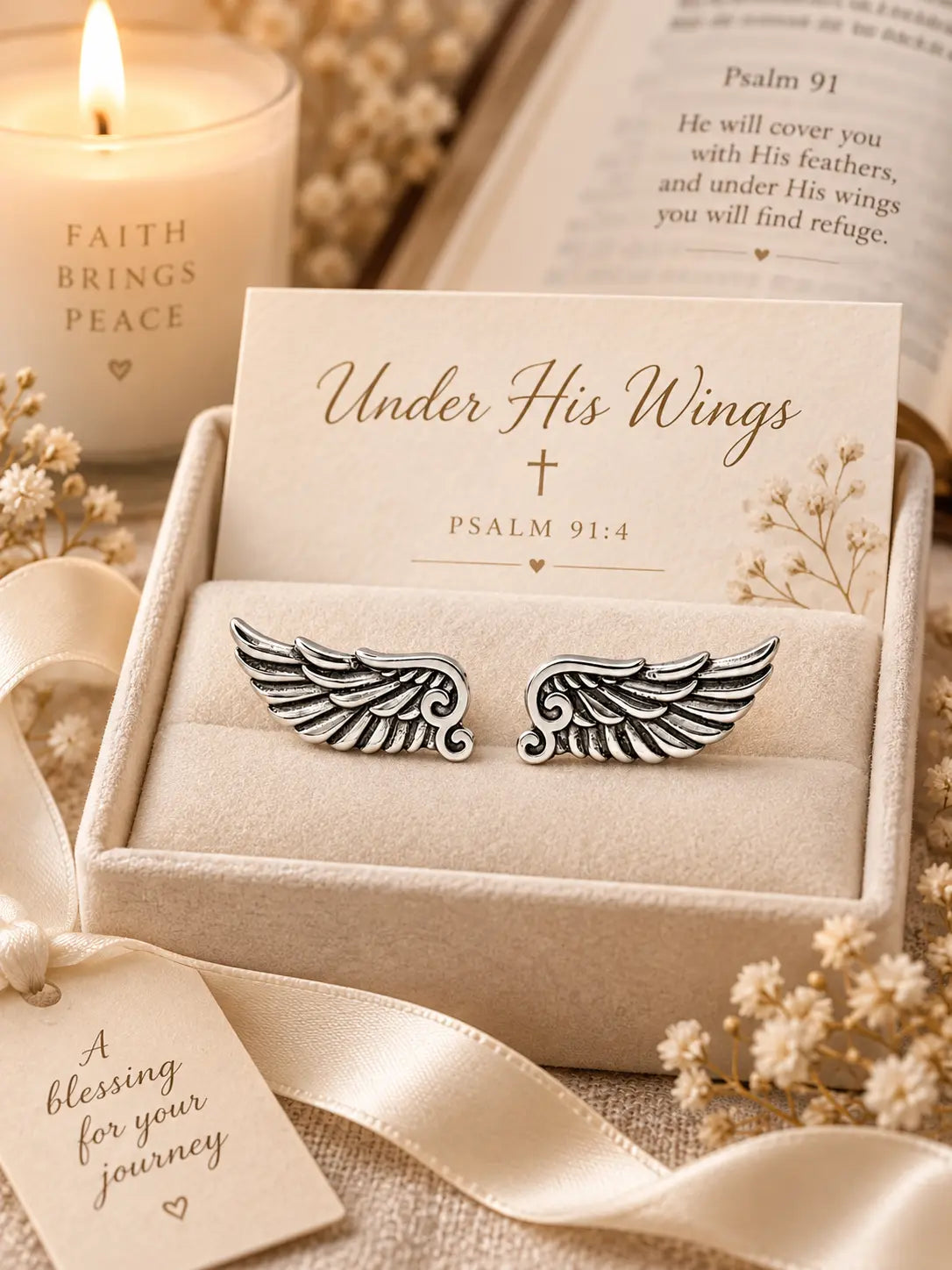Yeneast angel wing climber earrings presented as a Christian faith gift inspired by Psalm 91:4.