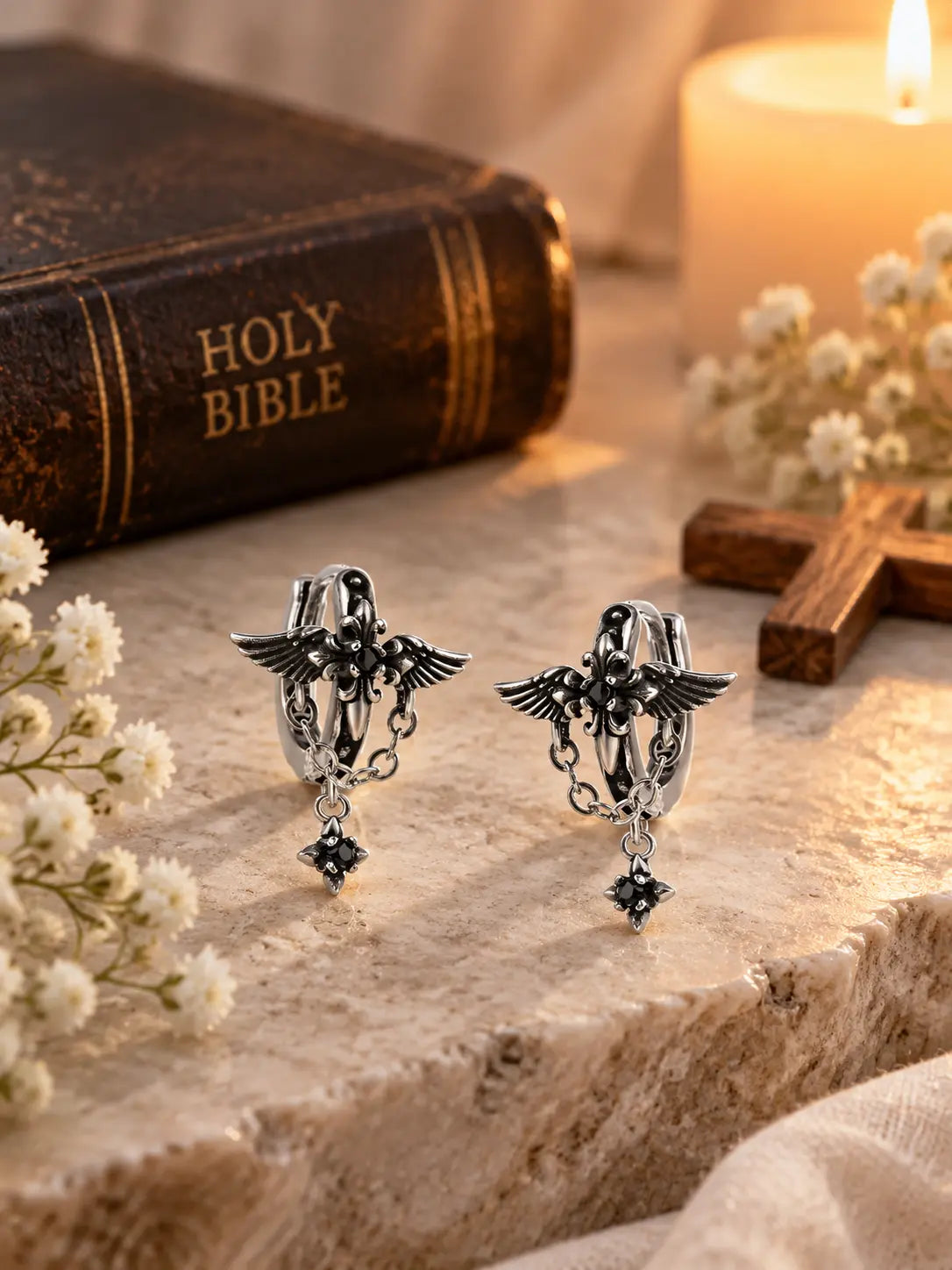 YENEAST silver angel wing earrings displayed as a meaningful faith inspired gift symbolizing protection, hope and love.