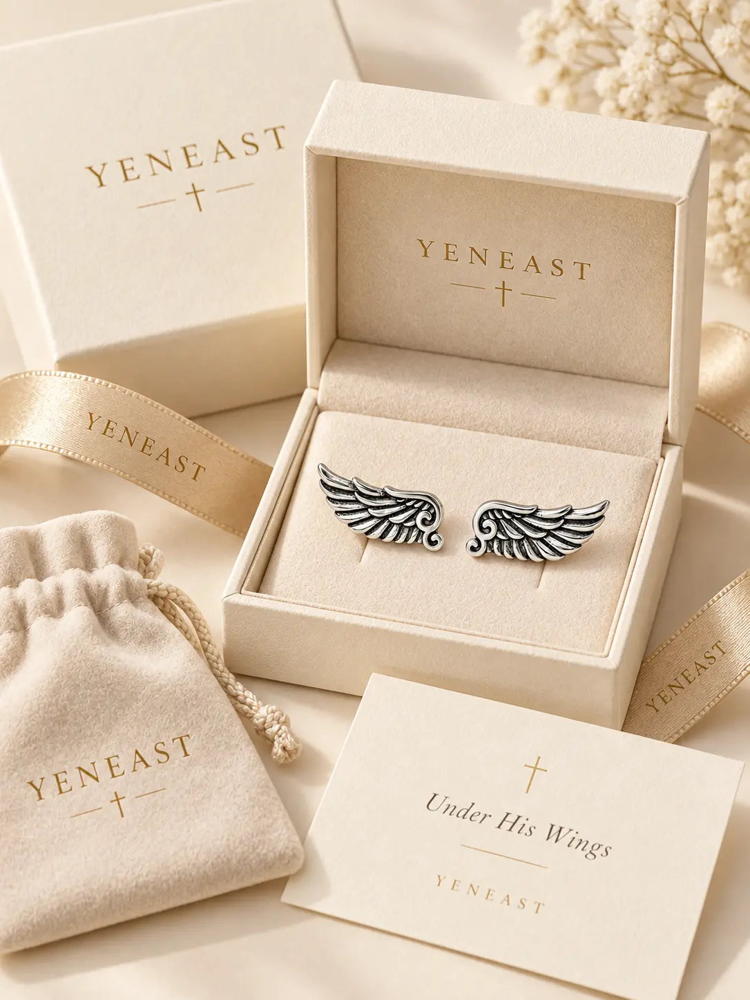 Yeneast sterling silver angel wing climber earrings in a cream gift box with branded pouch and faith message card.
