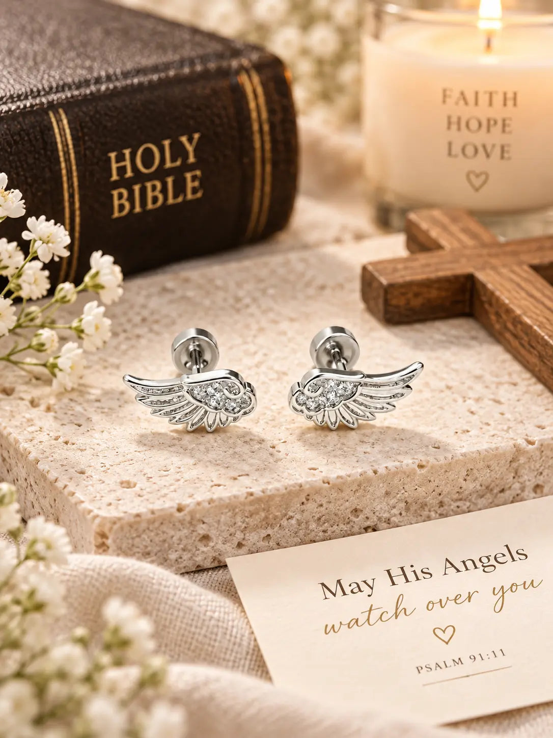 YENEAST silver angel wing earrings displayed as a meaningful faith gift symbolizing protection, hope and love.
