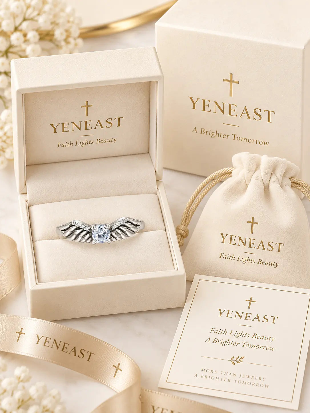 Yeneast angel wing ring in a cream branded gift box with pouch and Christian faith message card.