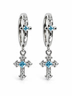 YENEAST blue sapphire cross hoop earrings with gemstone dangle cross charms on a clean white background.