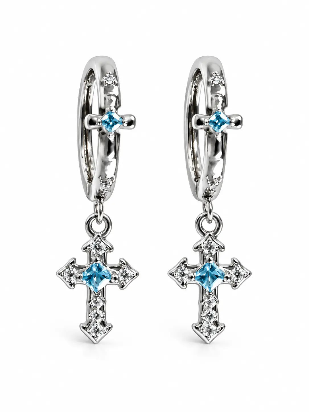 YENEAST blue sapphire cross hoop earrings with gemstone dangle cross charms on a clean white background.