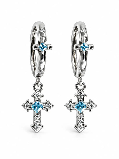 YENEAST blue sapphire cross hoop earrings with gemstone dangle cross charms on a clean white background.