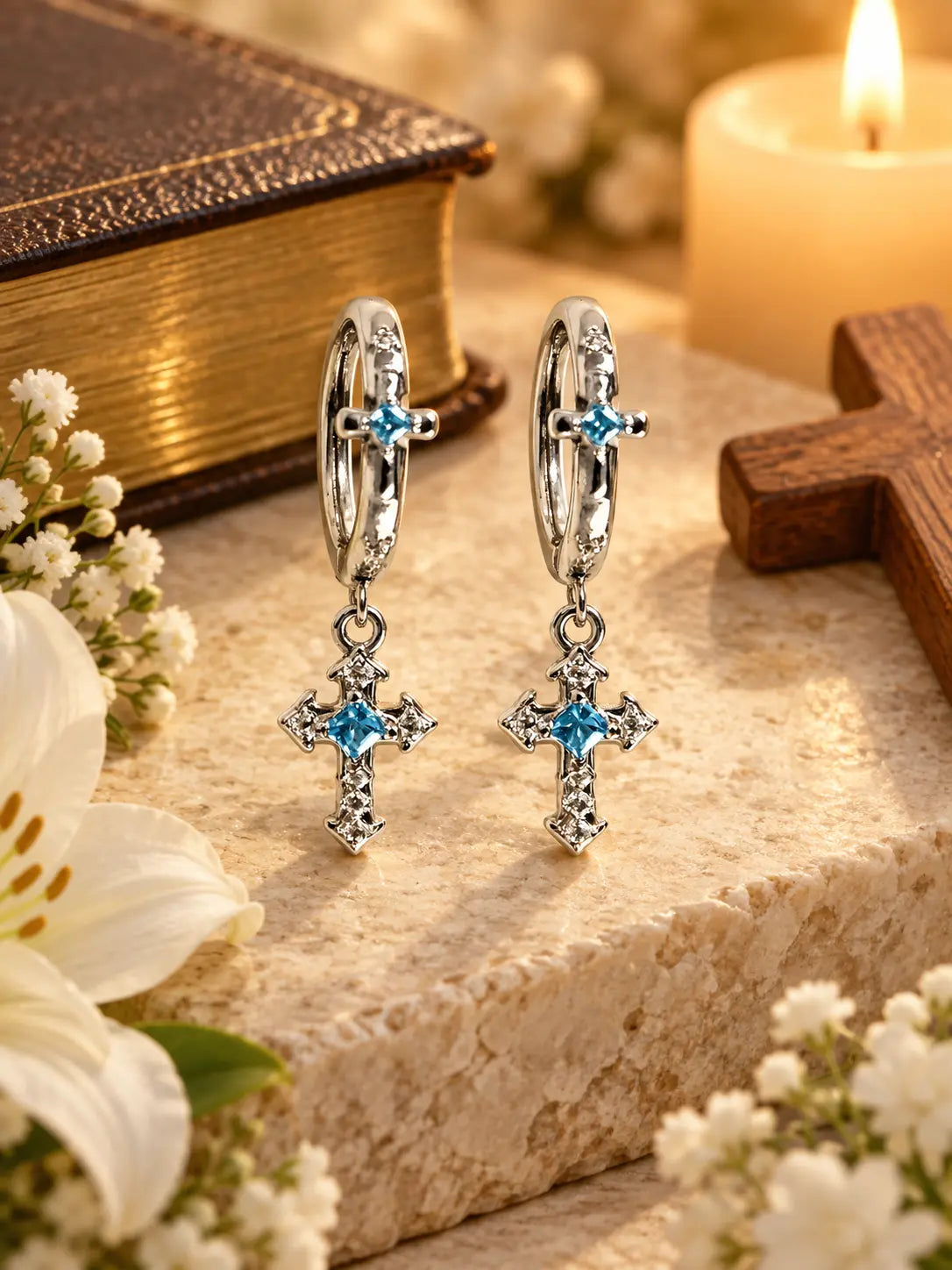 YENEAST blue gemstone cross earrings displayed as a Christian faith gift representing love, faith and spiritual meaning.