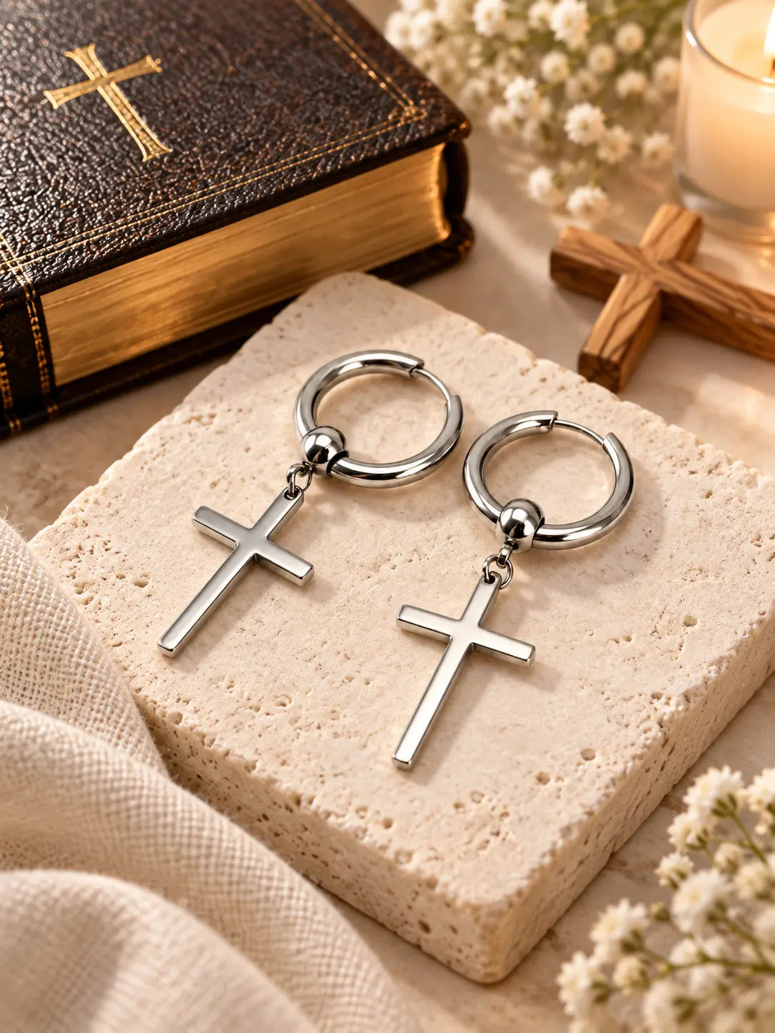 YENEAST silver cross hoop earrings displayed as a Christian faith gift with a meaningful spiritual jewelry presentation.