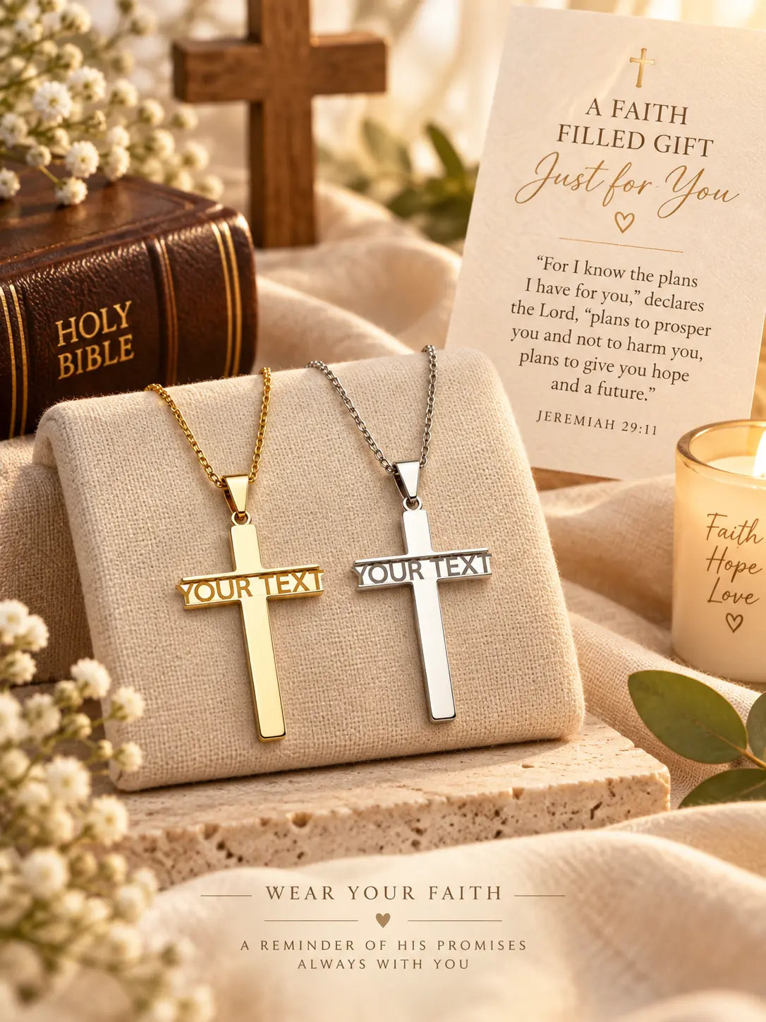 YENEAST personalized cross necklace displayed as a Christian faith gift representing love, faith and personal meaning.