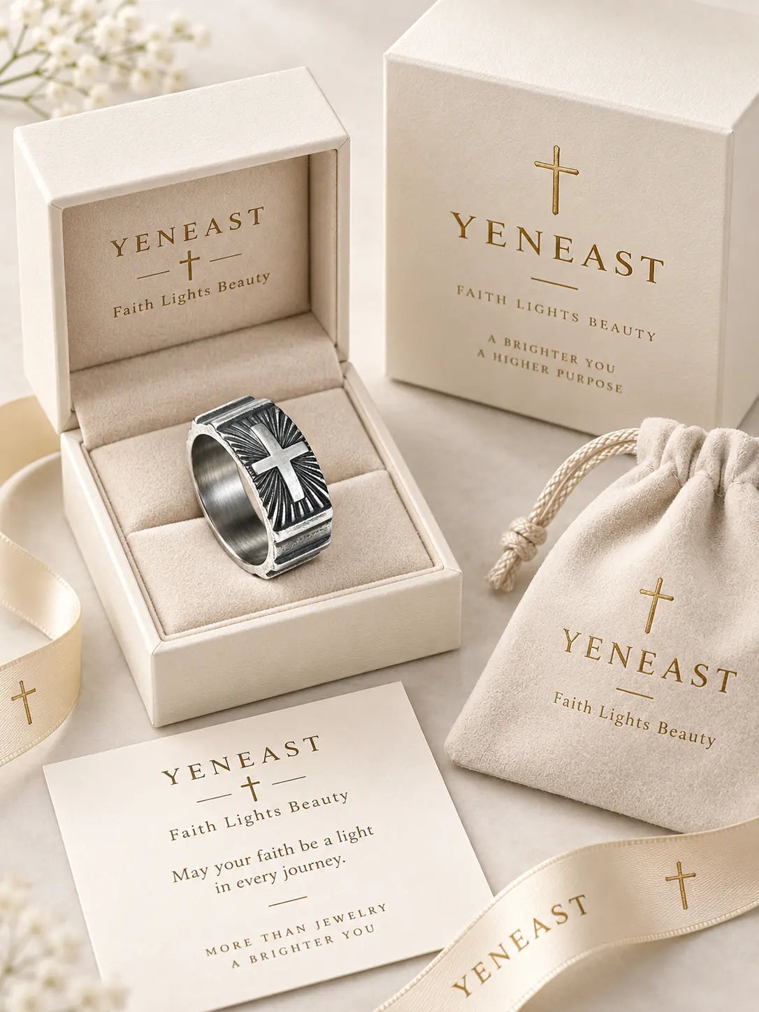 Yeneast Christian cross signet ring in a cream branded gift box with pouch and faith message card.