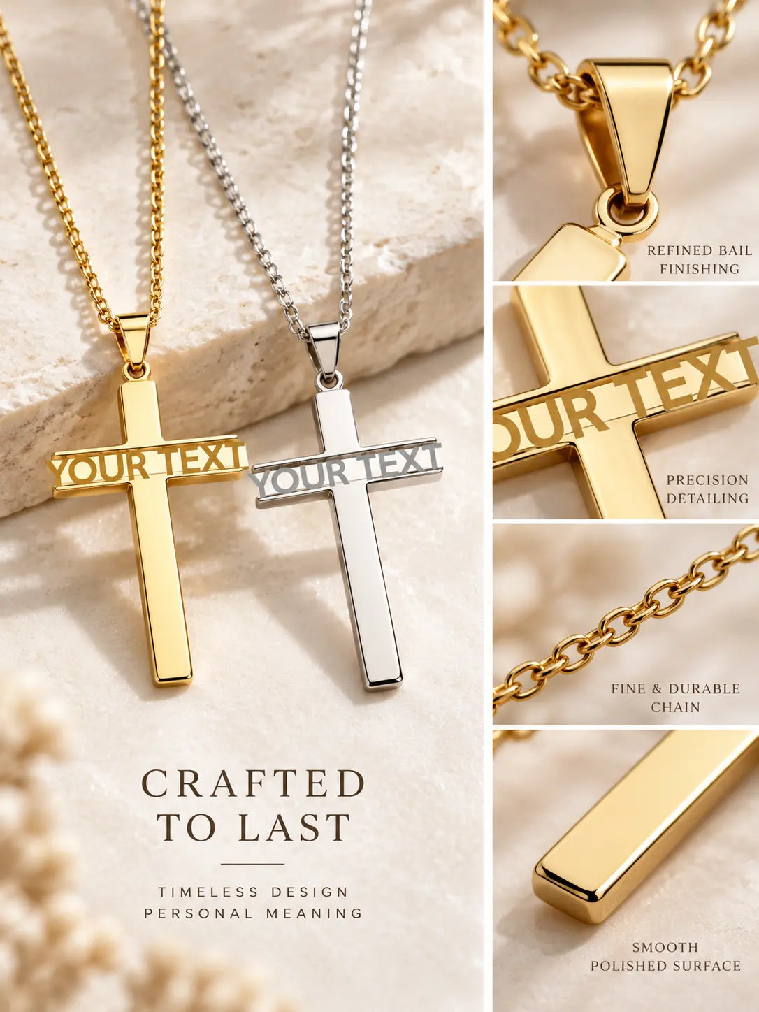 Close-up of YENEAST custom cross necklace showing engraved text details, polished metal finish, pendant edges and chain craftsmanship.