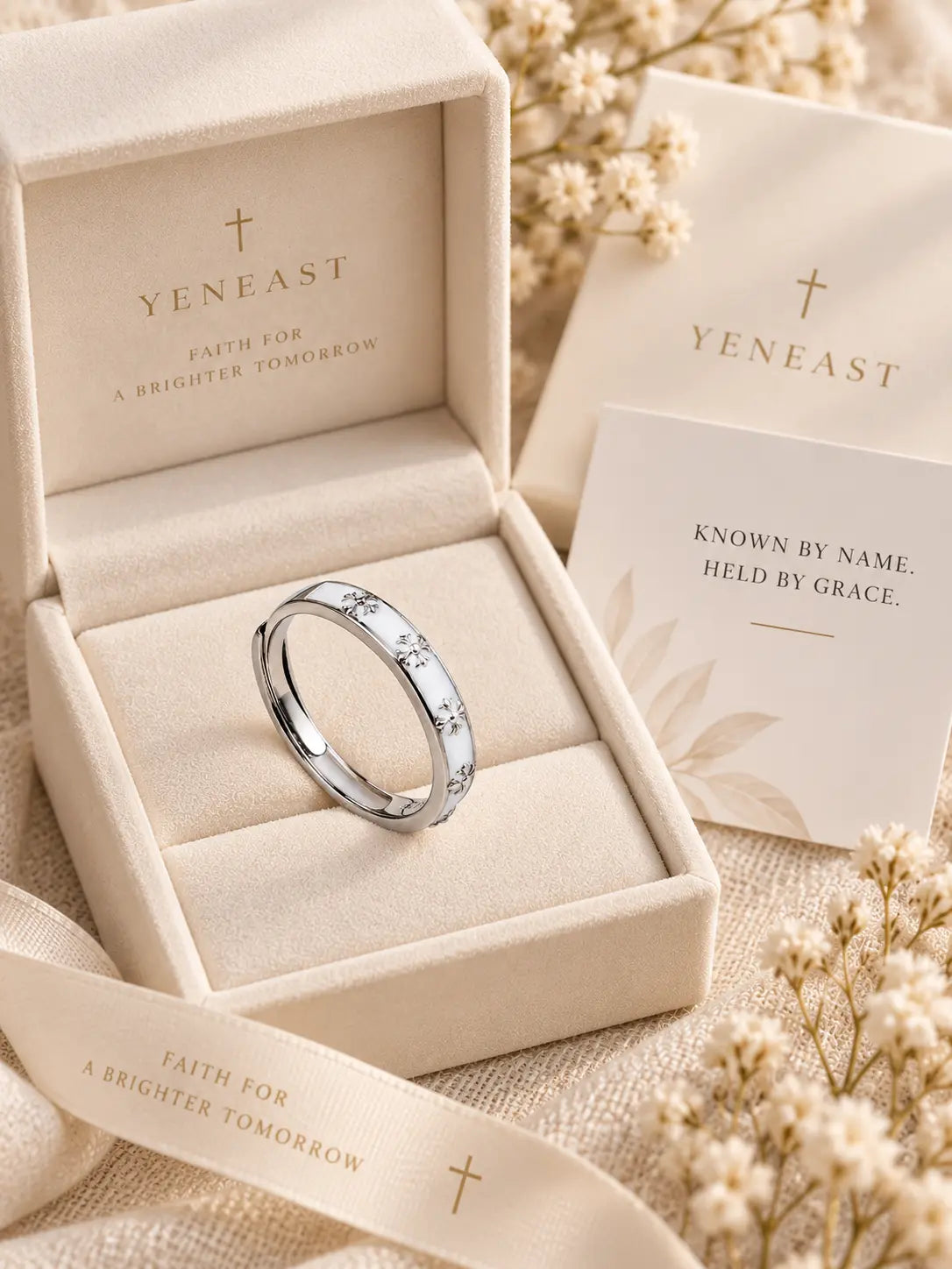 YENEAST crystal cross hoop earrings presented with an elegant Christian jewelry gift box, ribbon and faith gift card