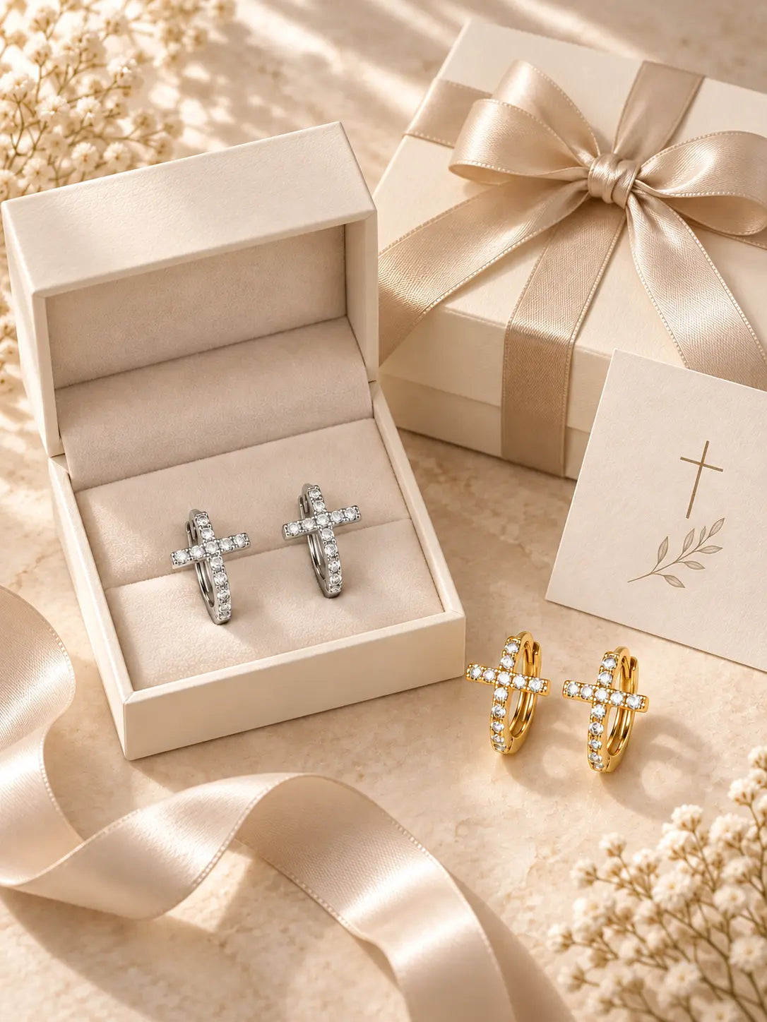 Dainty Crystal Cross Hoop Earrings — S925 Sterling Silver