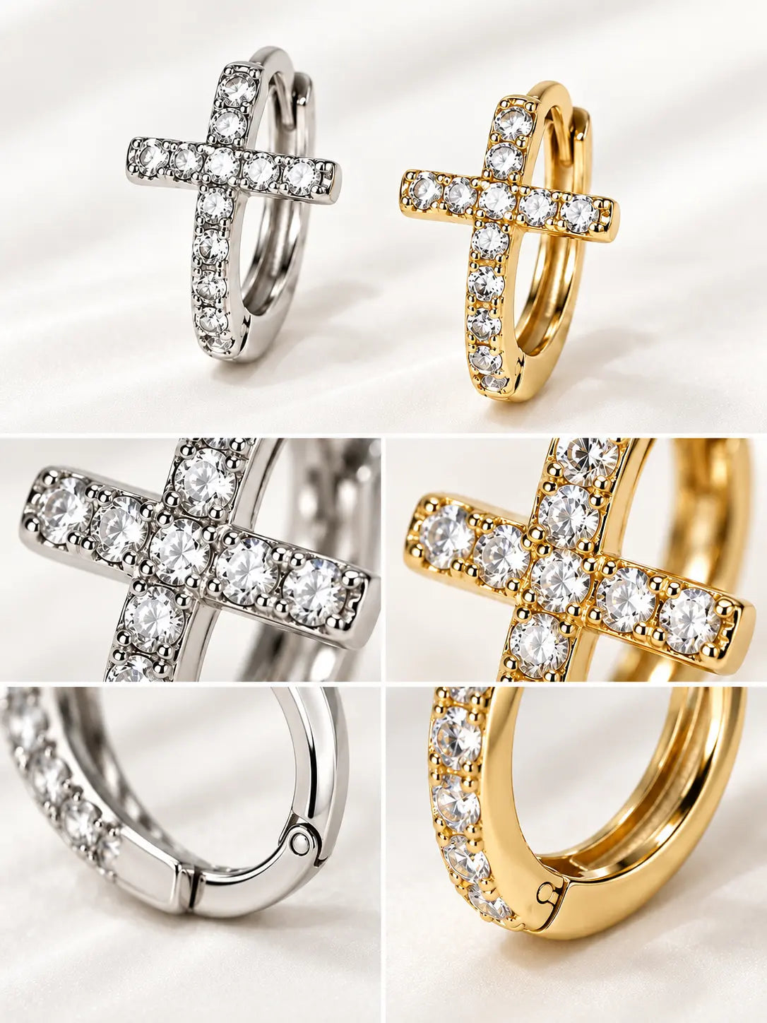 Dainty Crystal Cross Hoop Earrings — S925 Sterling Silver