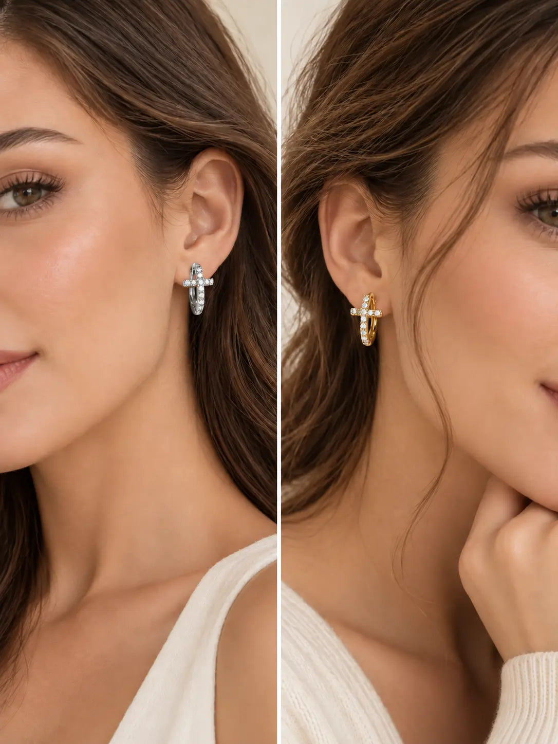 Dainty Crystal Cross Hoop Earrings — S925 Sterling Silver