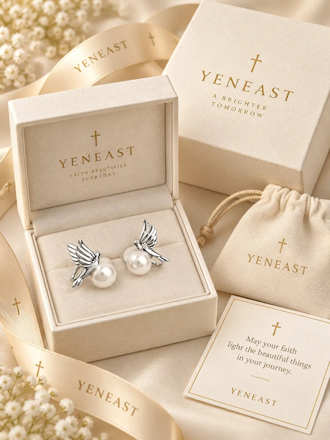 Yeneast silver dove pearl stud earrings in a cream gift box with branded pouch and faith message card.