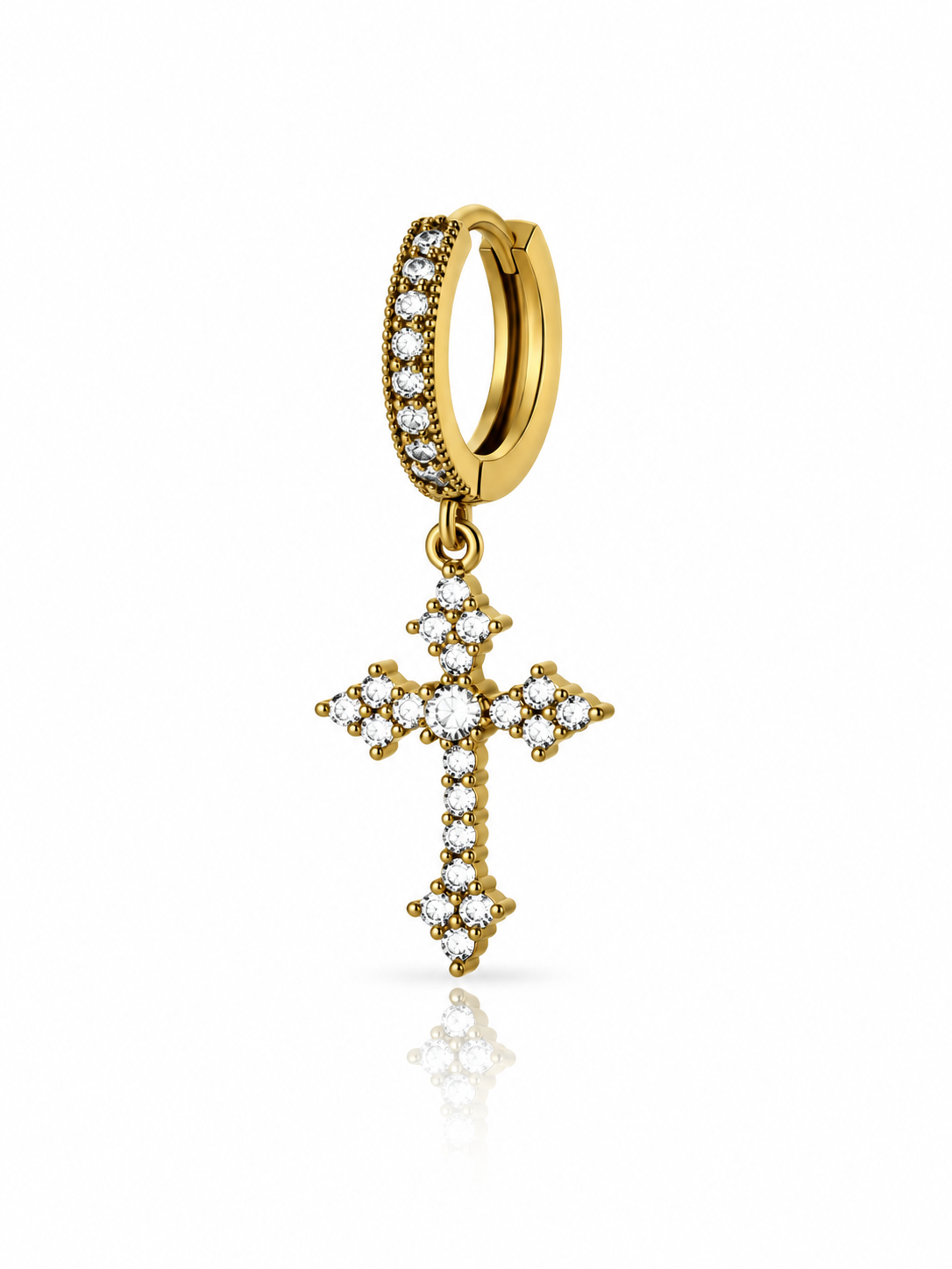 YENEAST gold Christian cross hoop earring with a crystal dangle on a clean white background.