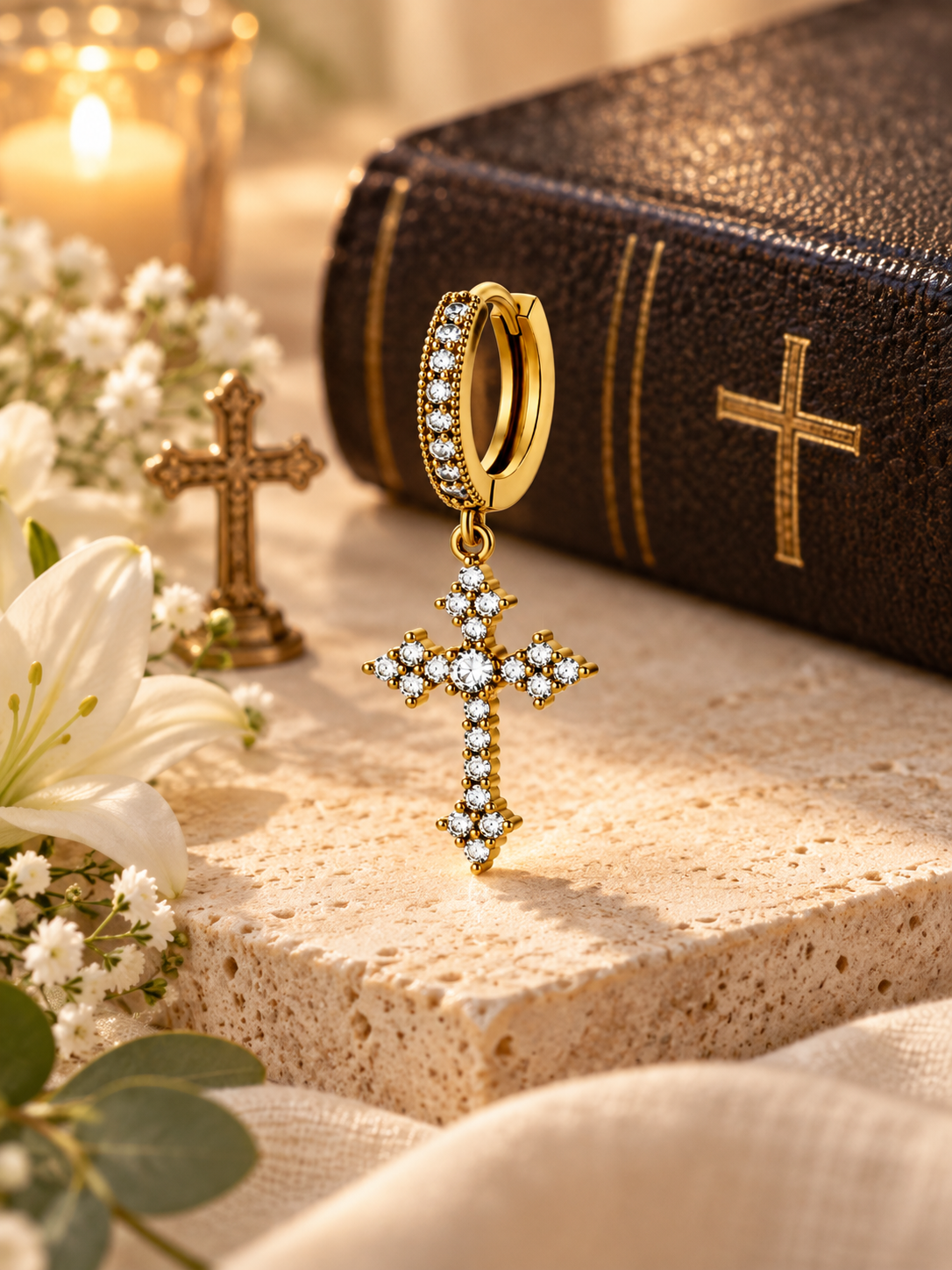 YENEAST gold crystal cross hoop earring displayed in a Christian faith gift setting with Bible-inspired styling.