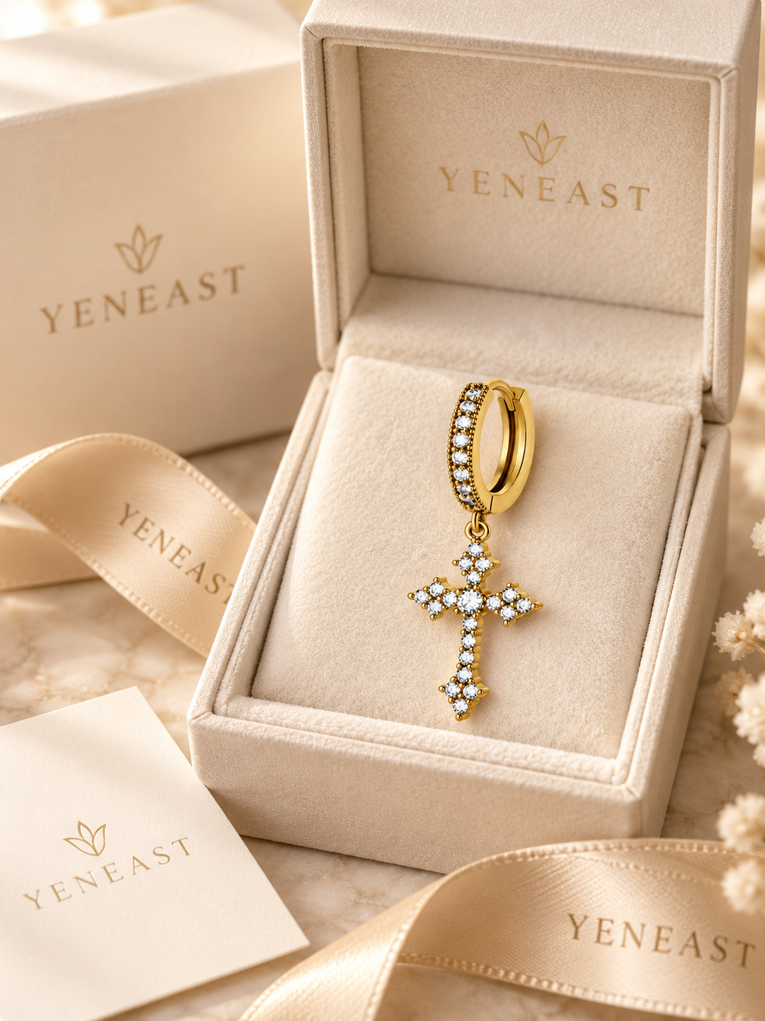 YENEAST gold crystal cross hoop earring presented in an elegant jewelry gift box for a meaningful Christian gift.