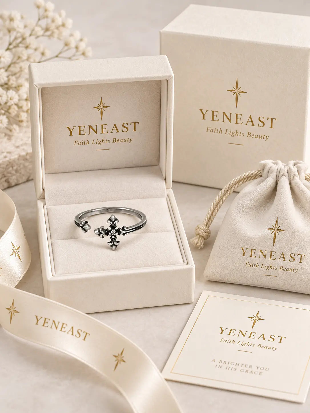 Yeneast gothic cross open ring in a cream branded gift box with pouch and faith message card.