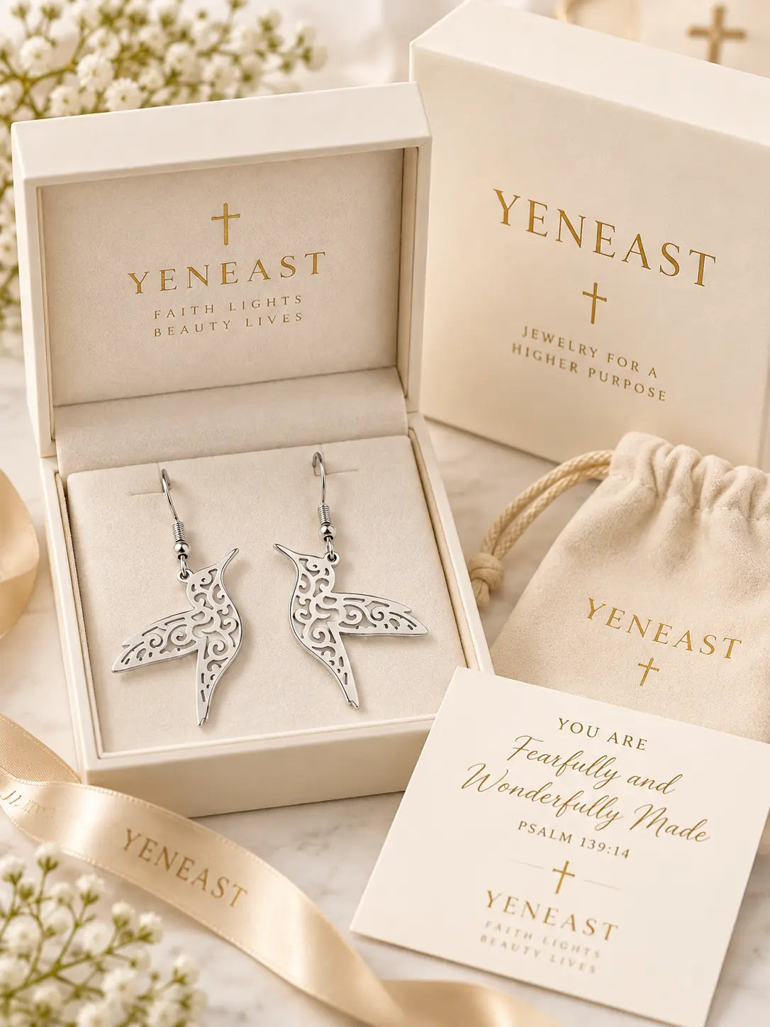 Yeneast hummingbird dangle earrings in a cream branded gift box with pouch and Christian faith message card.