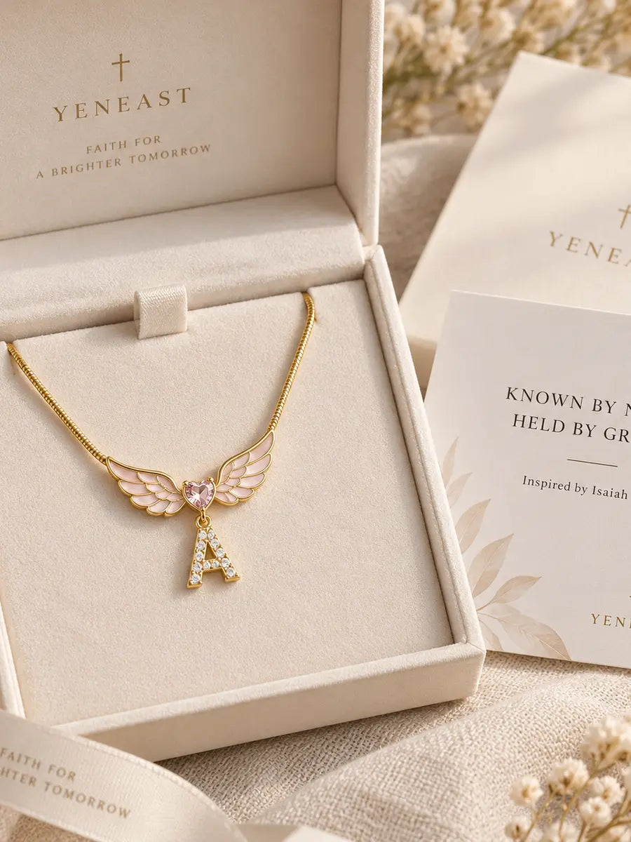 YENEAST personalized angel wings initial necklace presented in an elegant jewelry gift box