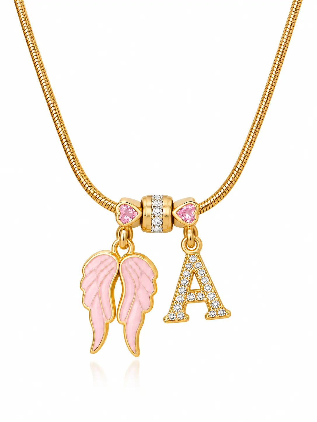 YENEAST personalized angel wings initial necklace in gold with pink wings and crystal letter charm on white background