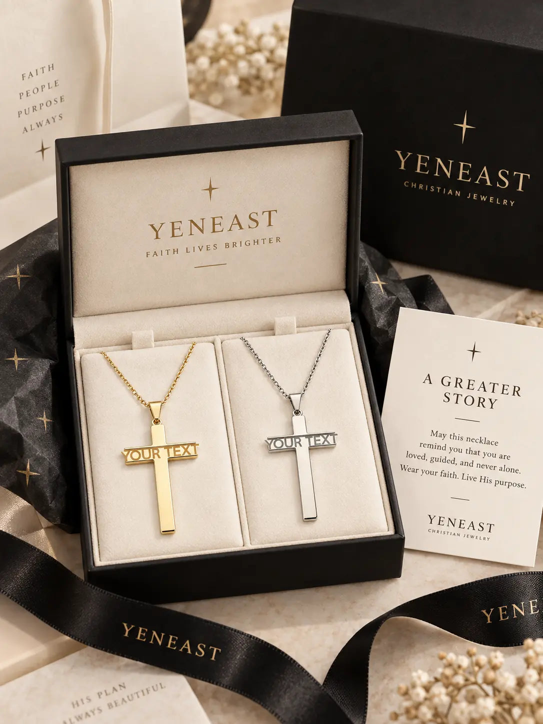YENEAST personalized name cross necklace presented in an elegant jewelry gift box for a meaningful Christian gift.