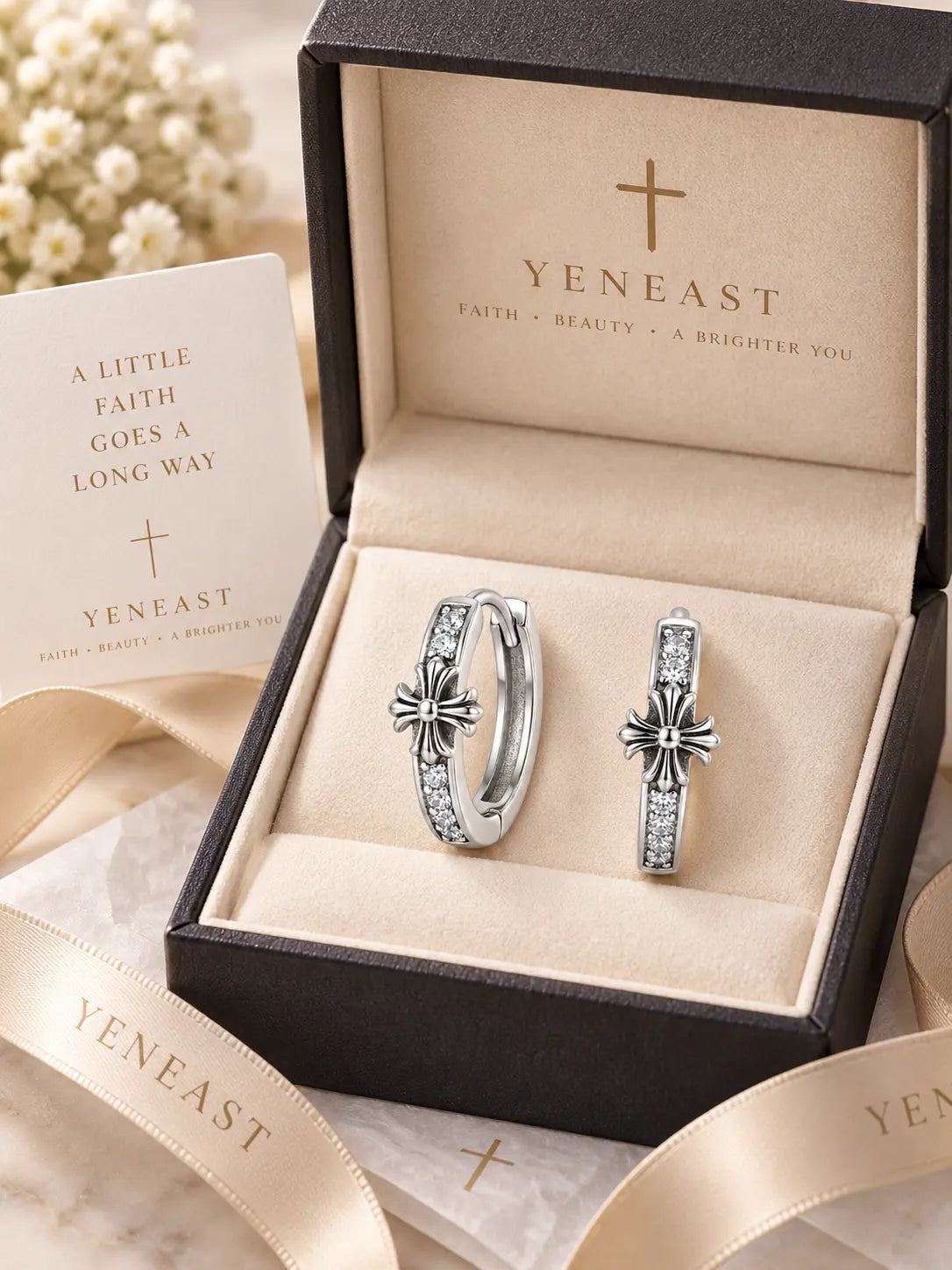 YENEAST personalized name cross necklace presented in an elegant jewelry gift box for a meaningful Christian gift.