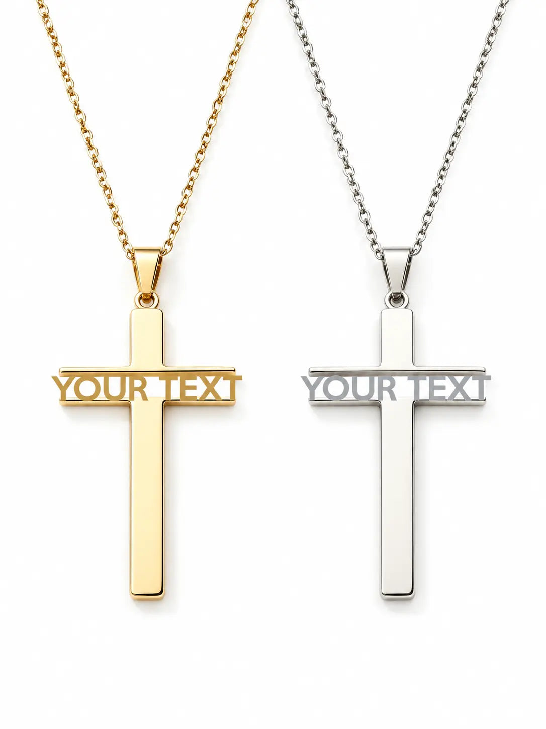 YENEAST personalized name cross necklace with custom text pendant in gold and silver finishes on a clean white background.