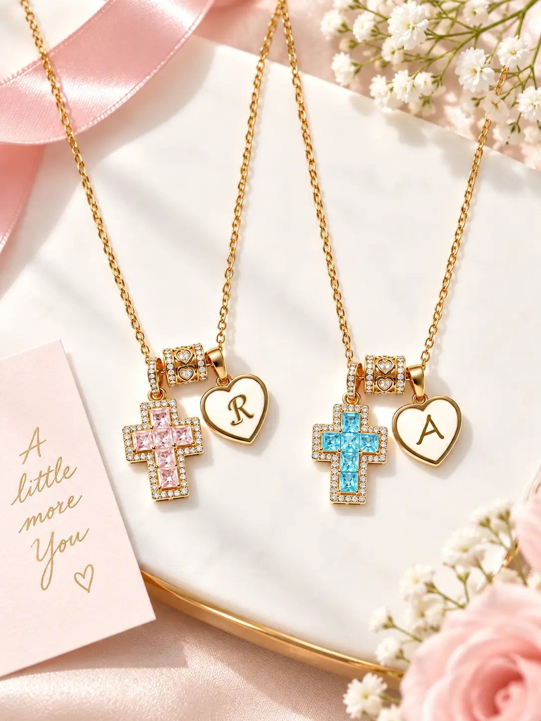 Yeneast personalized pink cross necklace featuring an S initial heart charm