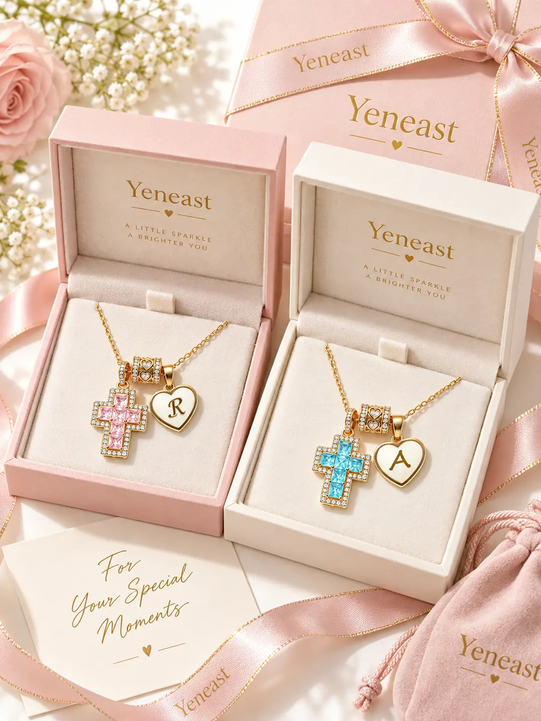 Yeneast pink crystal cross and S initial necklace presented in a jewelry gift box