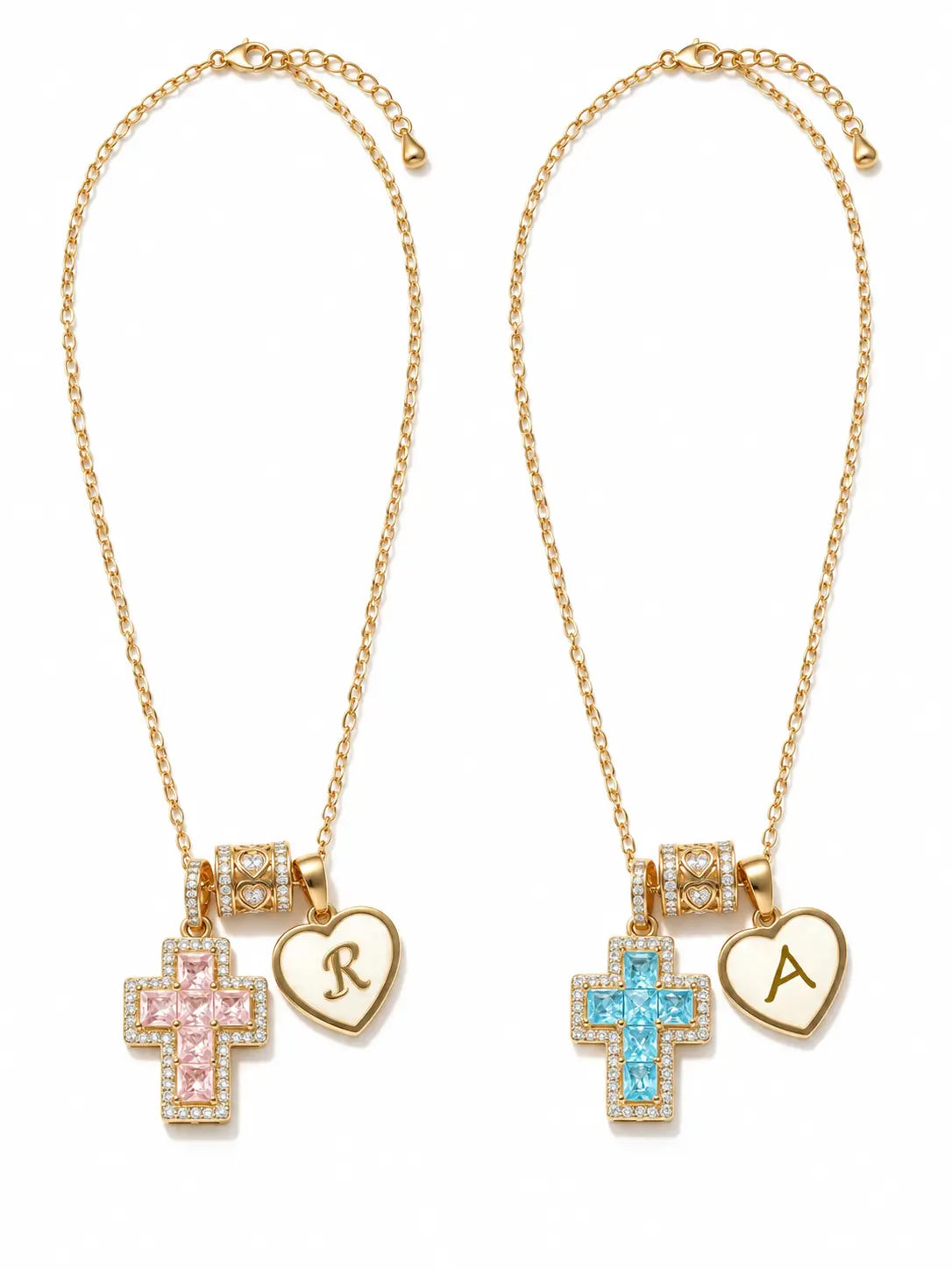 Yeneast pink crystal cross necklace with personalized S initial heart charm on white background