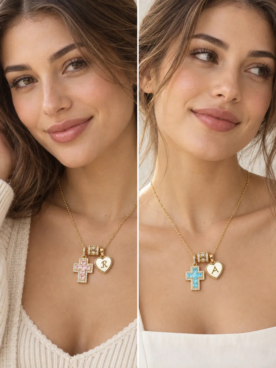 Woman wearing Yeneast pink crystal cross necklace with personalized S initial heart charm