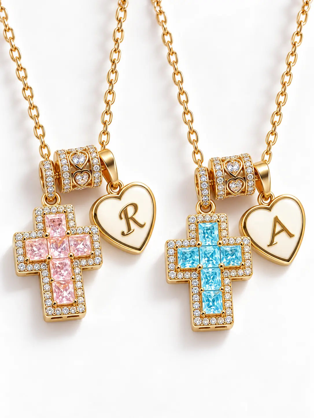 Close-up detail of Yeneast pink crystal cross necklace with gold setting and sparkling stones