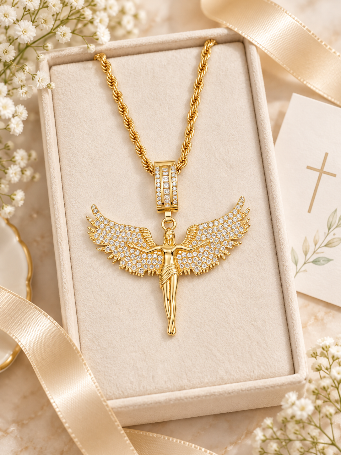 YENEAST Psalm 91 Angel Wing Necklace displayed on a cream jewelry tray with ribbon, white flowers and a Christian cross card