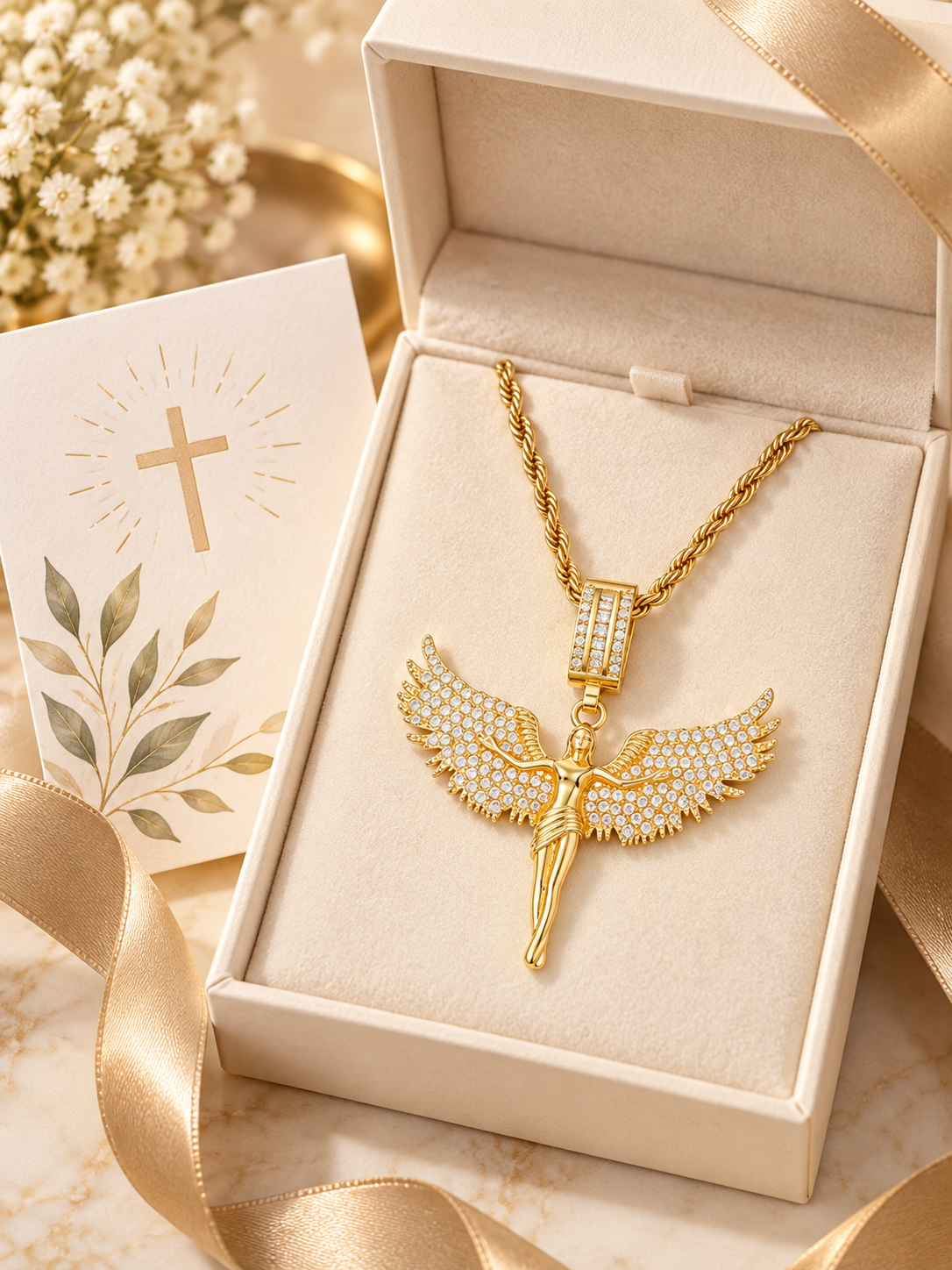 YENEAST Psalm 91 Angel Wing Necklace presented in an elegant cream Christian jewelry gift box with ribbon and a faith-inspired card