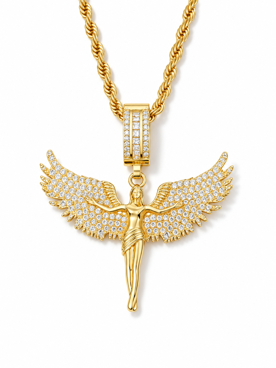 YENEAST Psalm 91 Angel Wing Necklace in gold with crystal pavé wings and a stone-set bail on a white background